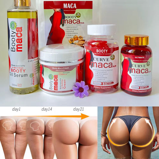 Pack Booty Maca Plus – Sérum, Crème et Gélules pour des Fesses et Hanches Voluptueuses