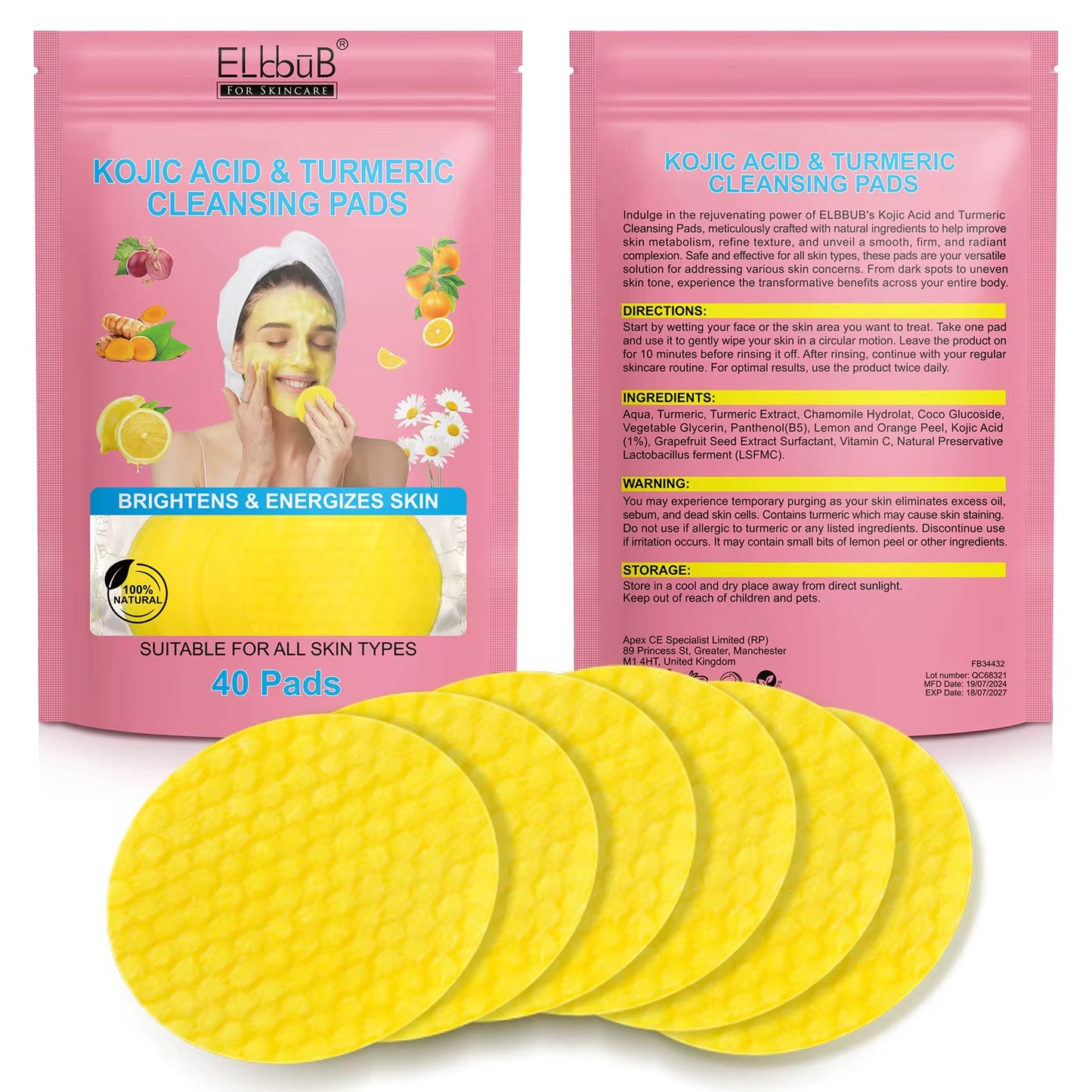 Nettoyant Exfoliant au Curcuma et à l’Acide Kojique – 40 Disques